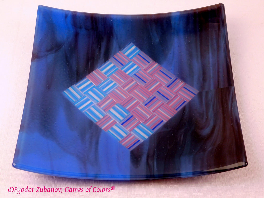 A decorative square plate "Woven ribbons in the diamond"; fused glass; geometrical design; art glass; centerpiece;