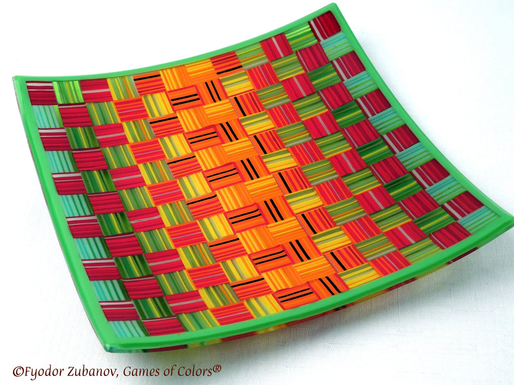 Fused Glass Plate: Striped Checkers Design, Art Glass Centerpiece