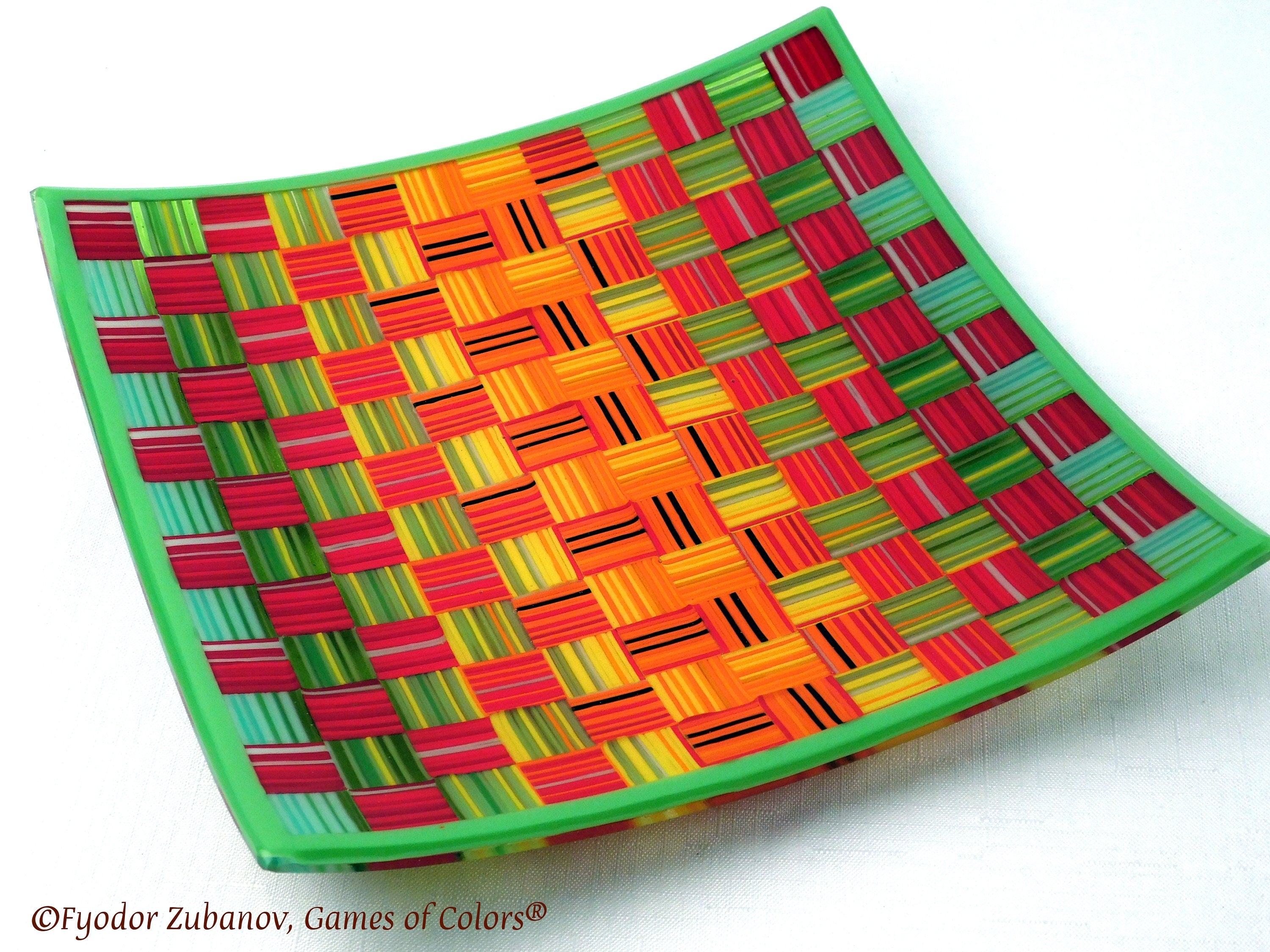 Fused Glass Plate: Striped Checkers Design, Art Glass Centerpiece