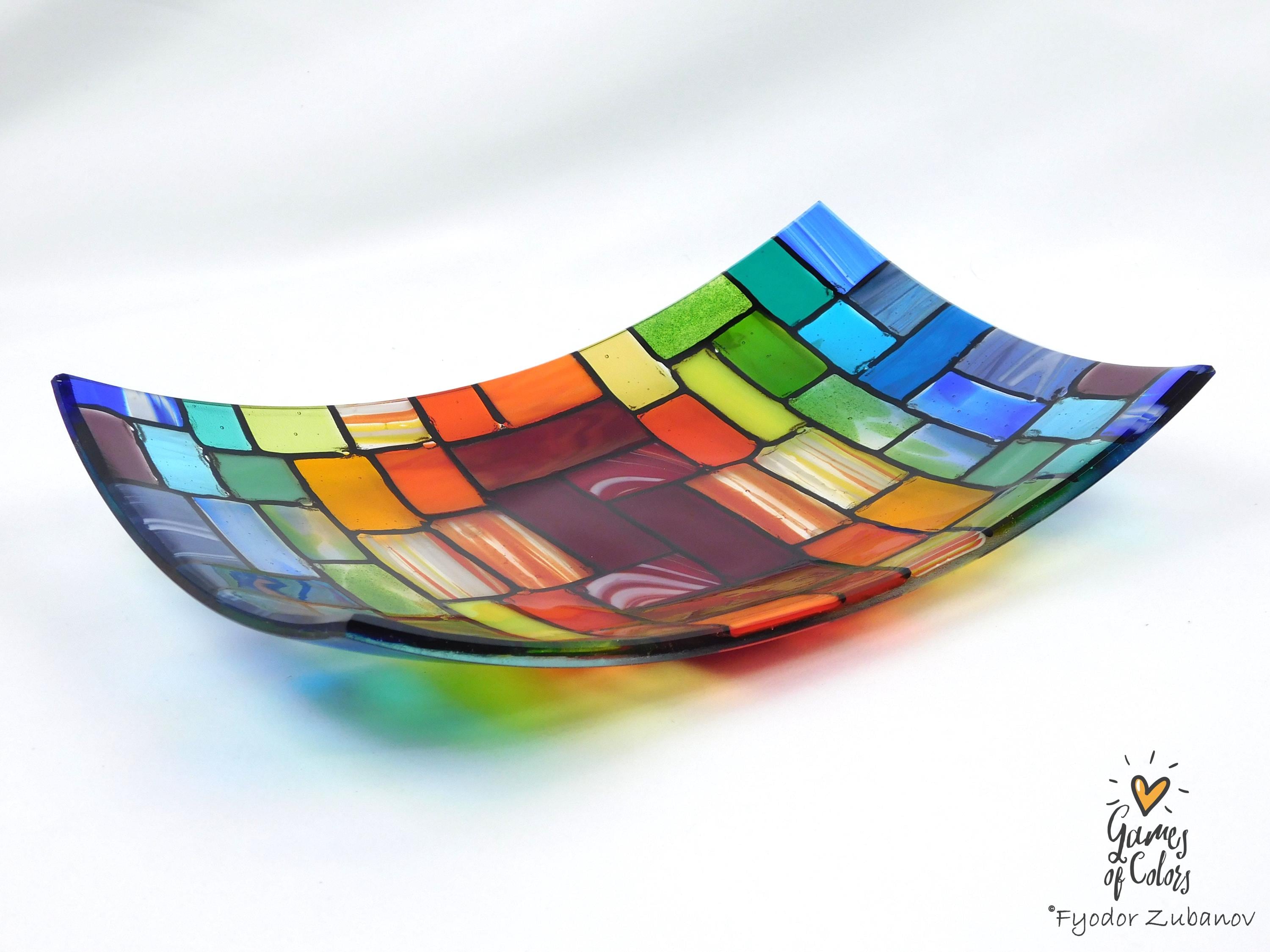 Fused Glass Plate "Rainbow Rocky Road"; Bowl for fruits; Rectangular Centerpiece Bowl, Handmade