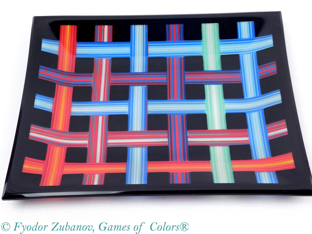 Fused Glass Plate: Woven Ribbon Design, Black Decorative Tray (10.5 x 9 in)