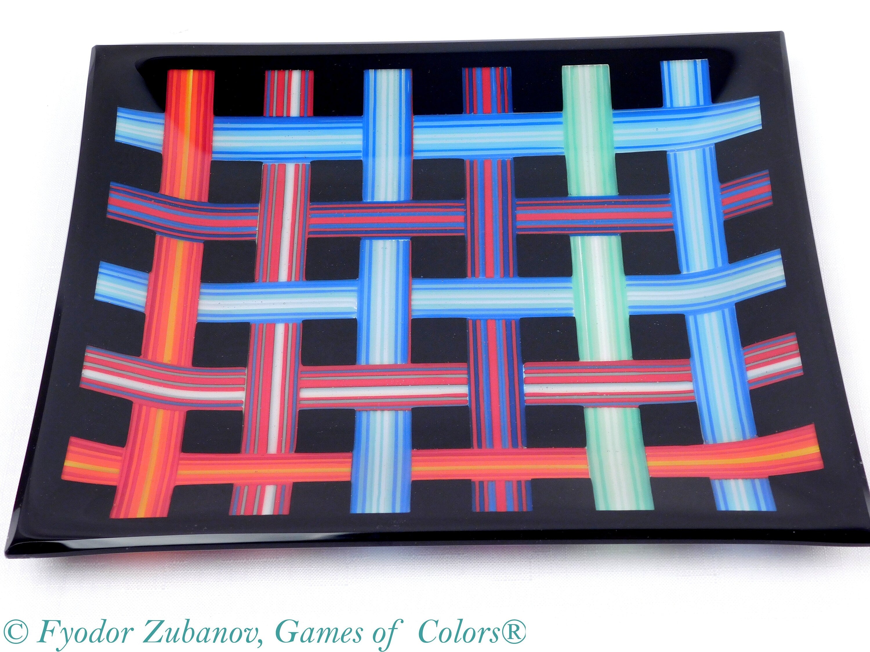 Fused Glass Plate: Woven Ribbon Design, Black Decorative Tray (10.5 x 9 in)