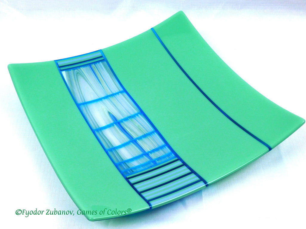 Fused Glass Square Plate: Spring Green Striped Centerpiece