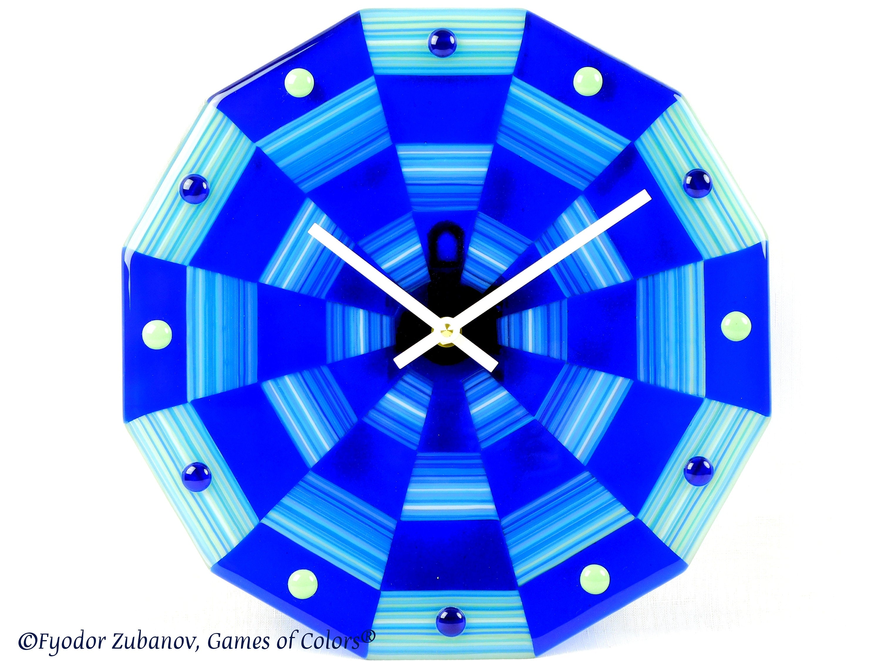 Fused Glass Wall Clock: "Blue Ribbons" Art Glass, Silent Quartz