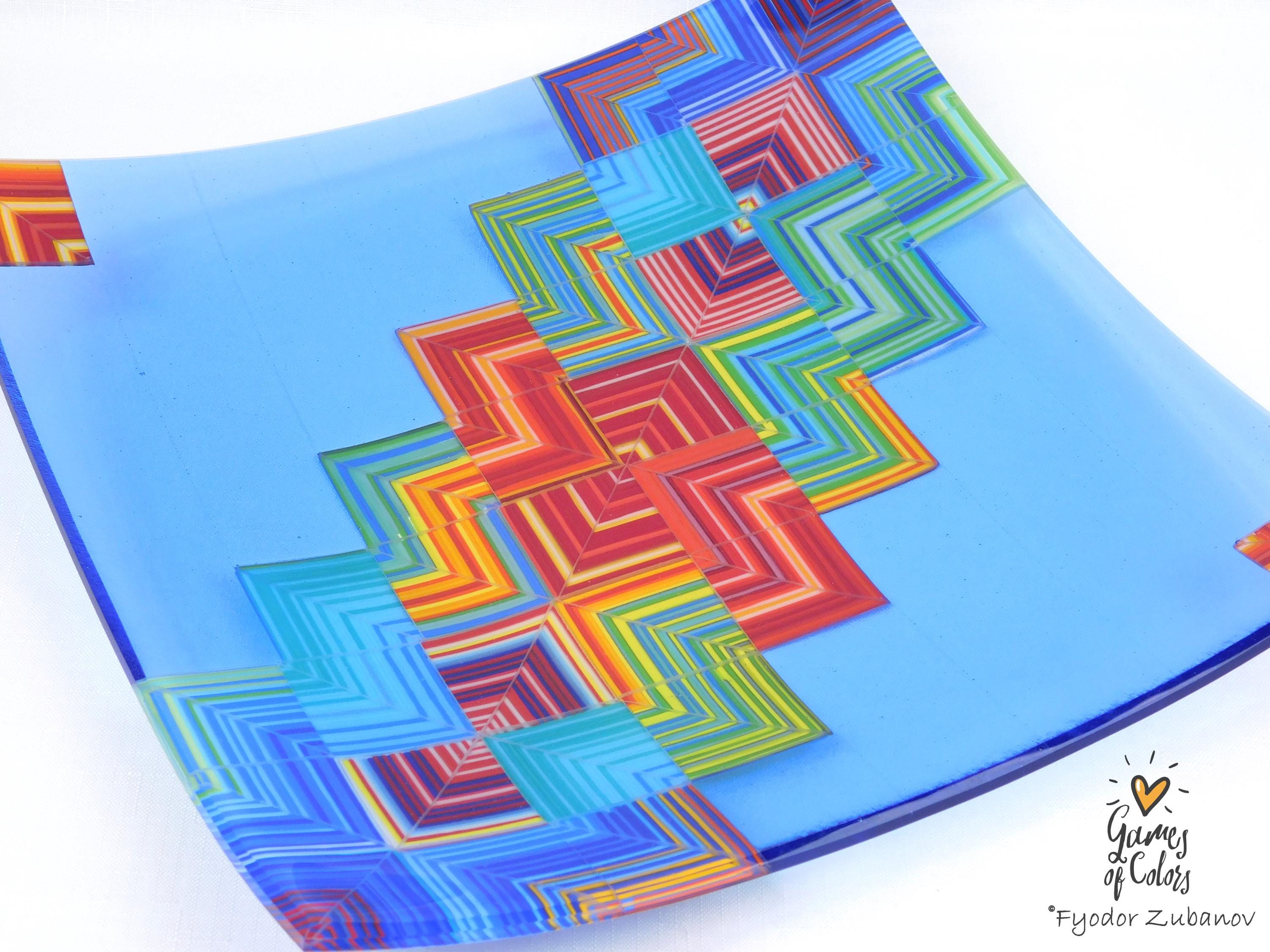 A fused glass square plate "Joyful Way - Light blue"; art glass; decorative plate; geometric design, holidays