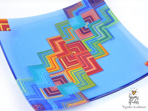 A fused glass square plate "Joyful Way - Light blue"; art glass; decorative plate; geometric design, holidays