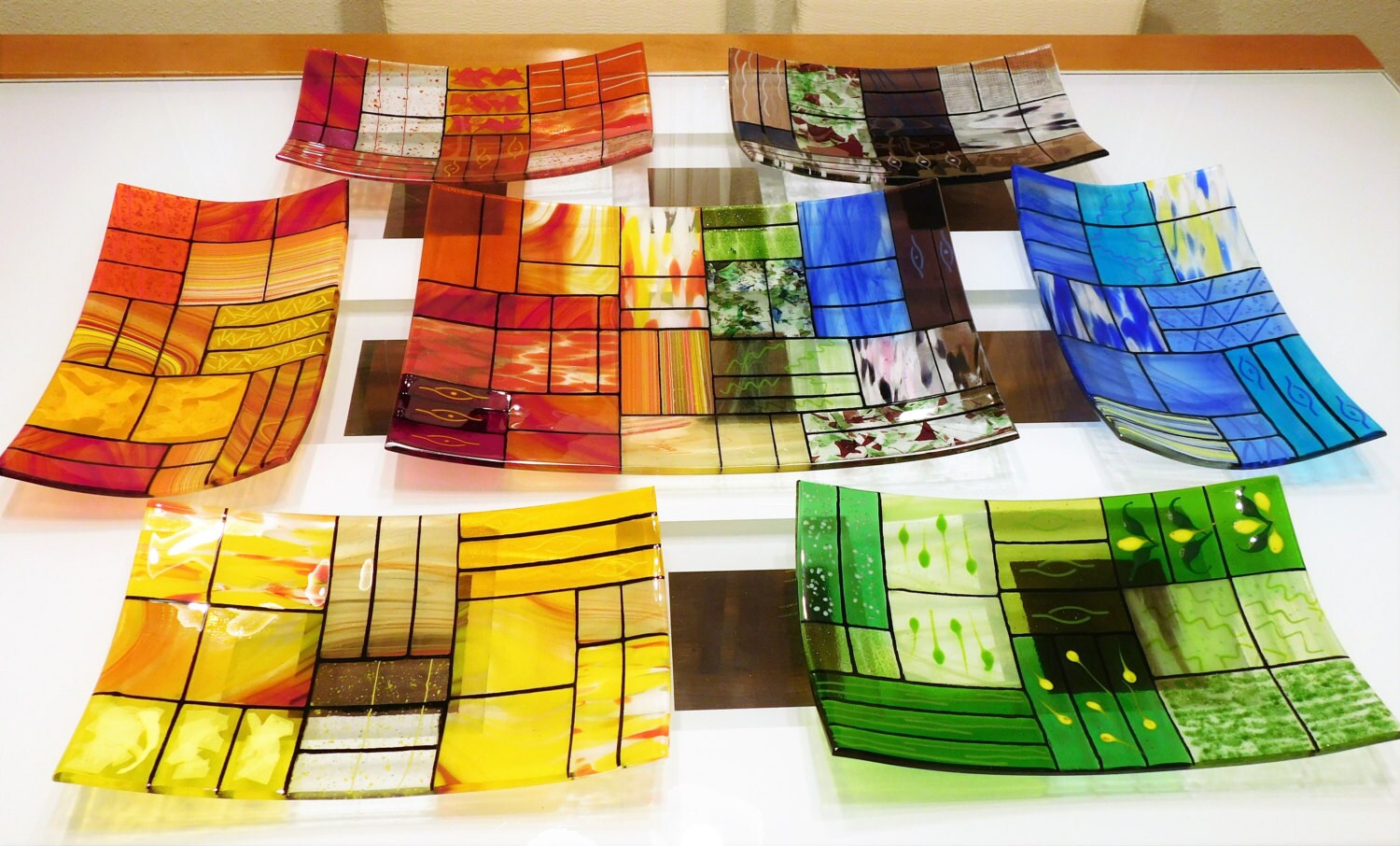 Handmade Glass Plate Set: Colorful Rectangular Platter & Plates