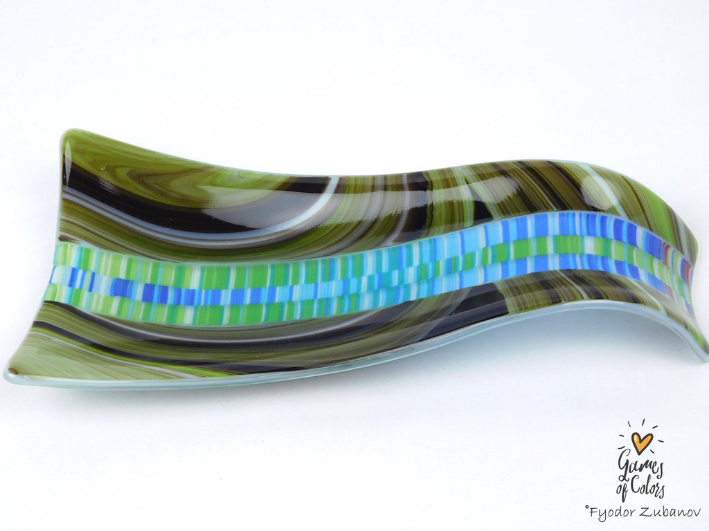 A fused glass decorative spoon rest "Oasis Mosaic". Kitchen Art dish