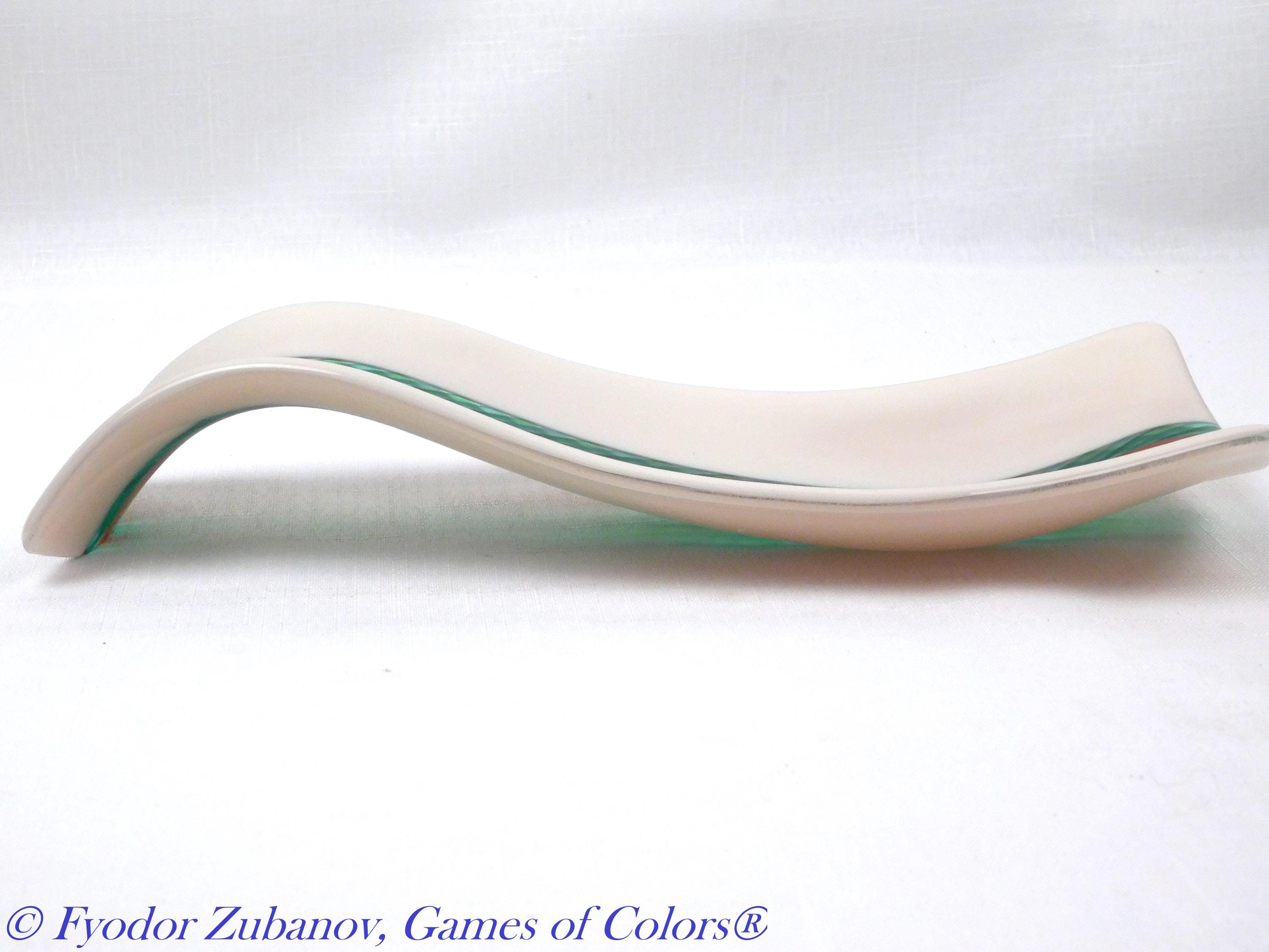 A hand-crafted glass decorative spoon rest "Grean stream"; fused glass; kitchen accent