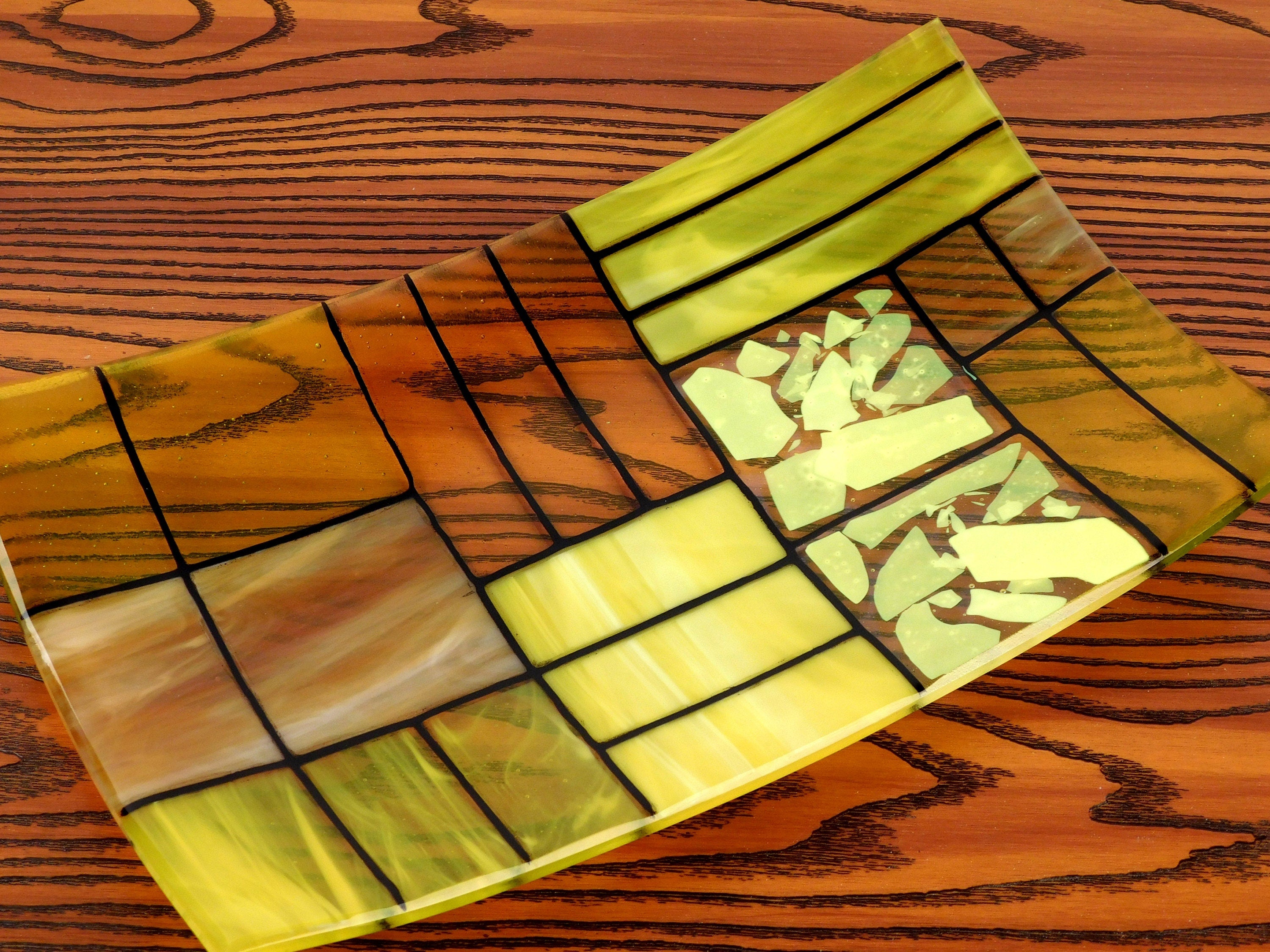 A rectangular fused glass plate "A Gentle color mix - Yellows"; Decorative Plate; professional look; food safe; art glass;