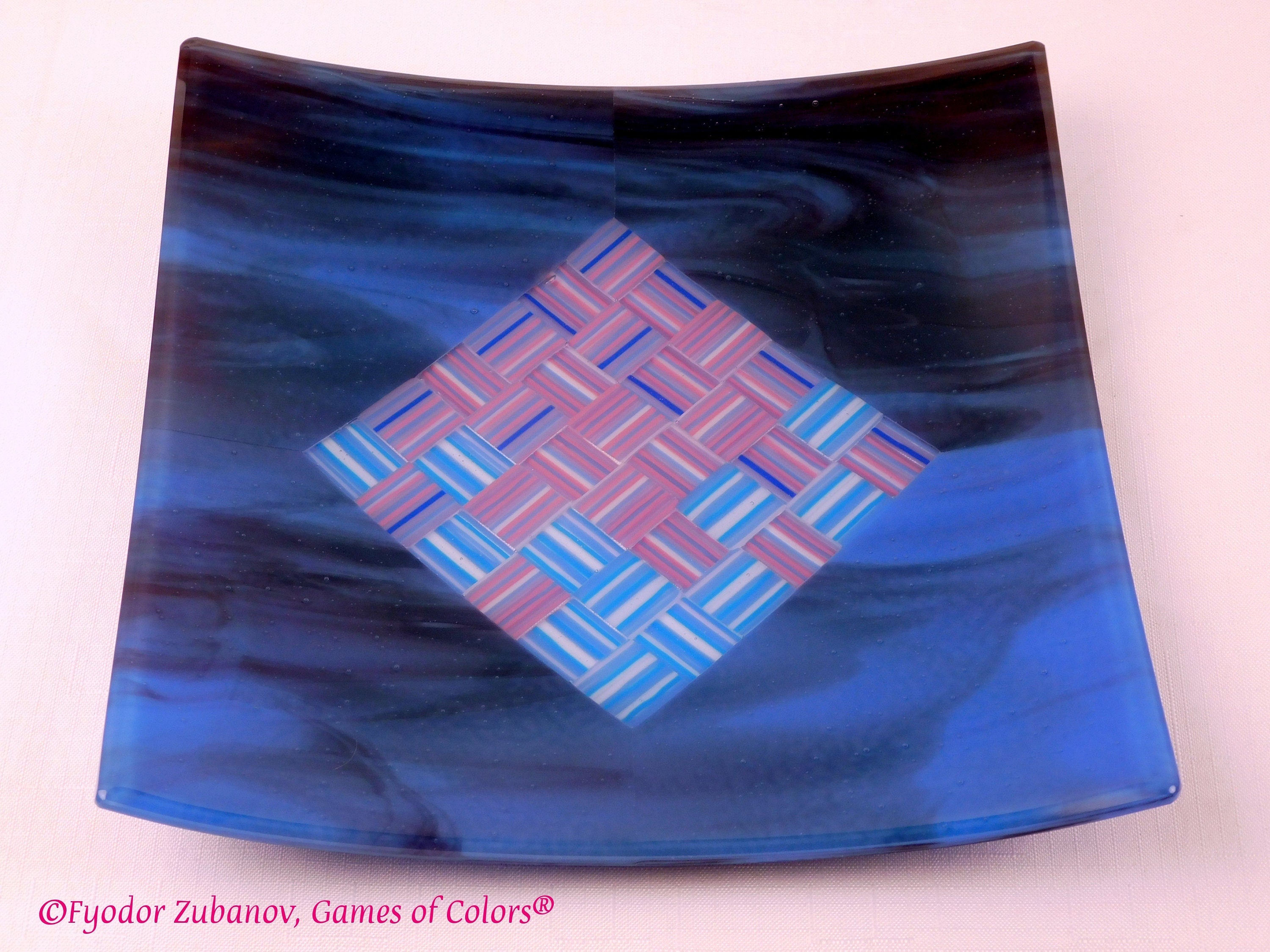 A decorative square plate "Woven ribbons in the diamond"; fused glass; geometrical design; art glass; centerpiece;