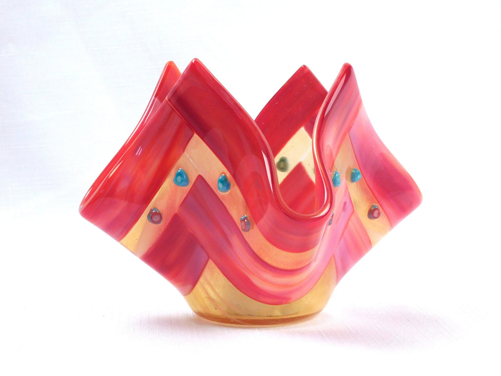 Valentines candle holder Hearts in Amber. Fused glass.