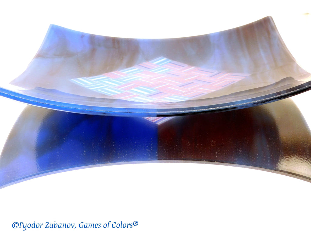A decorative square plate "Woven ribbons in the diamond"; fused glass; geometrical design; art glass; centerpiece;
