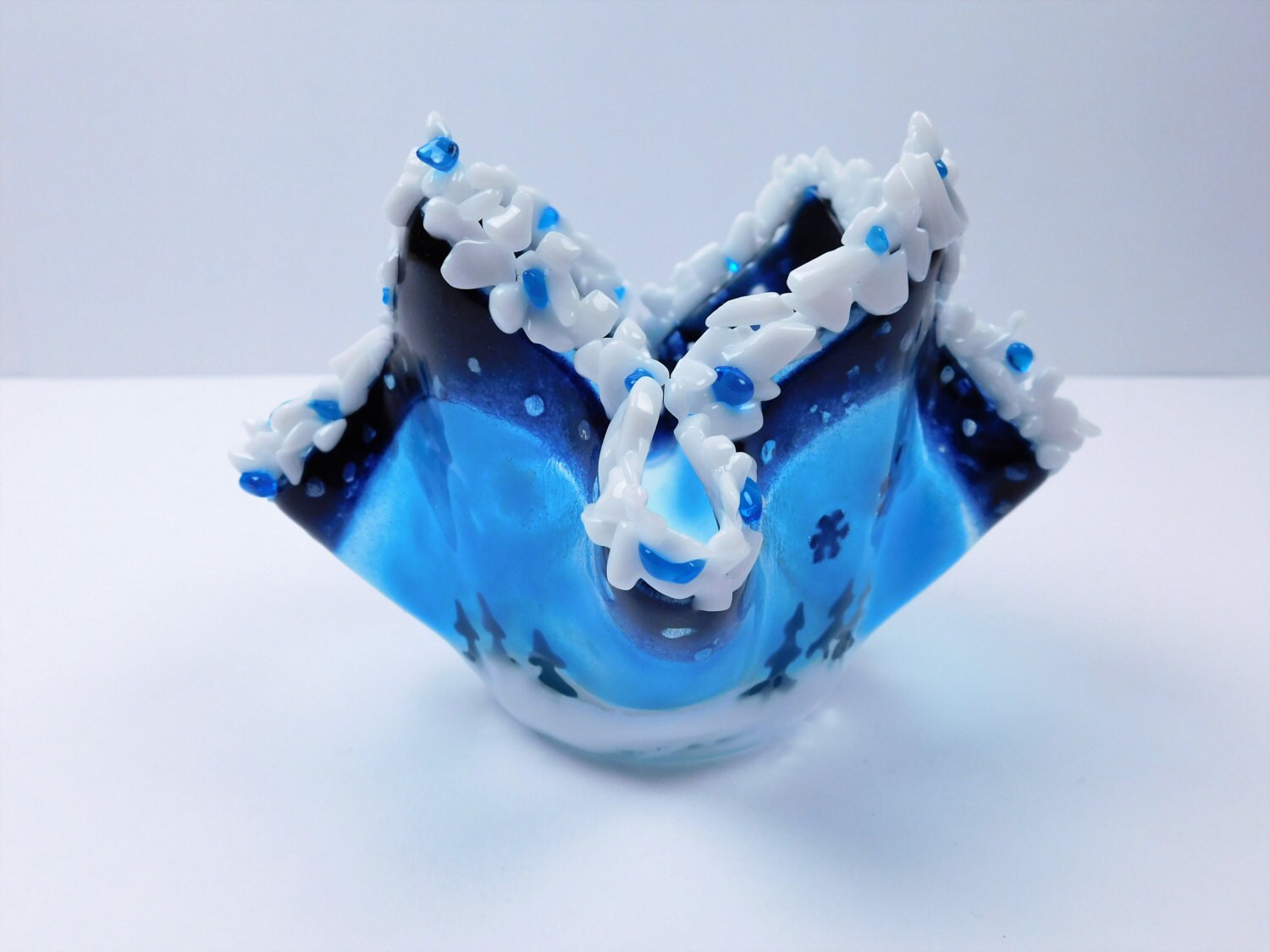 Winter holidays candle holder.  Blue and white fused glass. Original design.