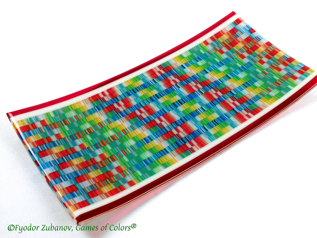 Fused Glass Platter: Rectangular Art Glass Plate, "Fabric II" Design (16x8 inches)