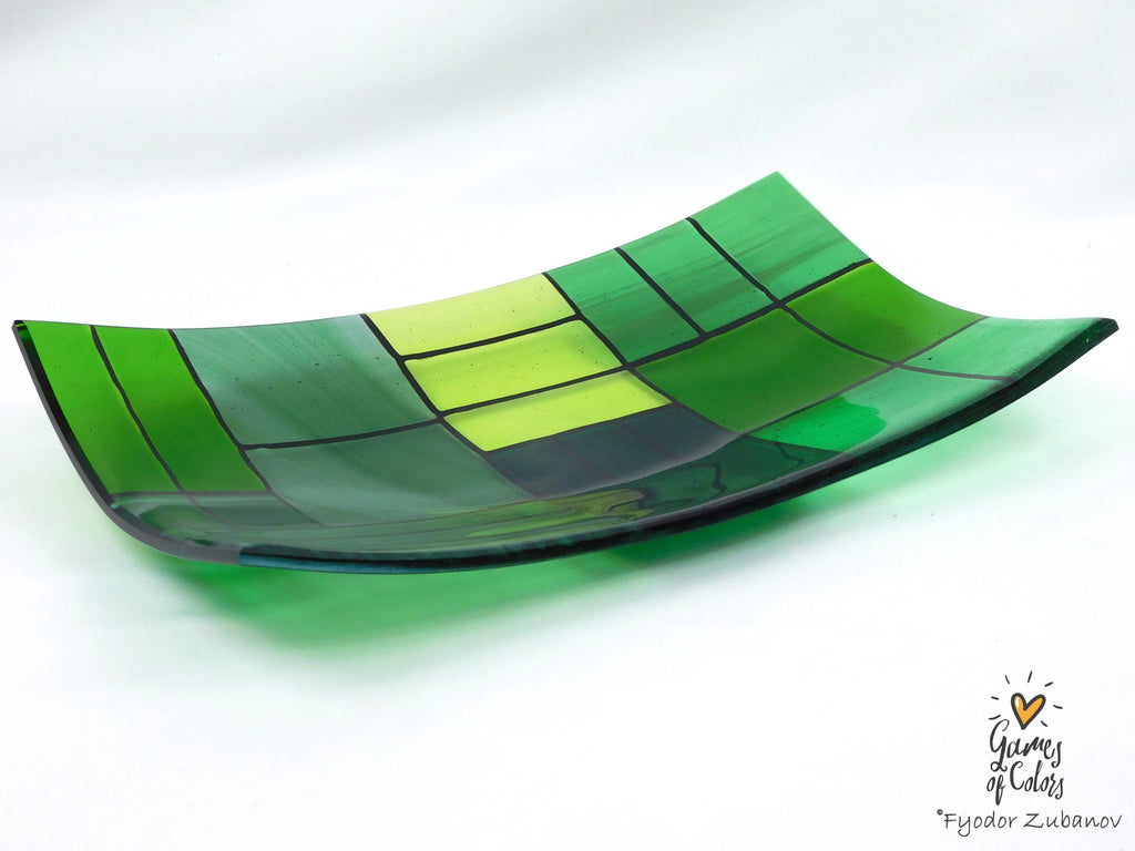 Fused Glass Plate: Rectangular Green Art Glass Centerpiece (12.25 x 7.25 inches)