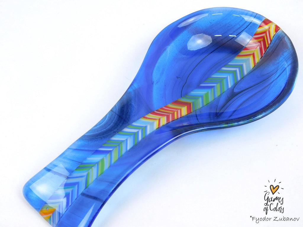 Azure Prizm Ribbon – Fused Glass Spoon Rest, Transparent Blue Kitchen Art
