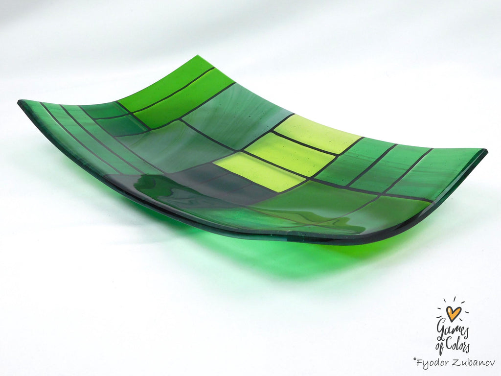 Fused Glass Plate: Rectangular Green Art Glass Centerpiece (12.25 x 7.25 inches)