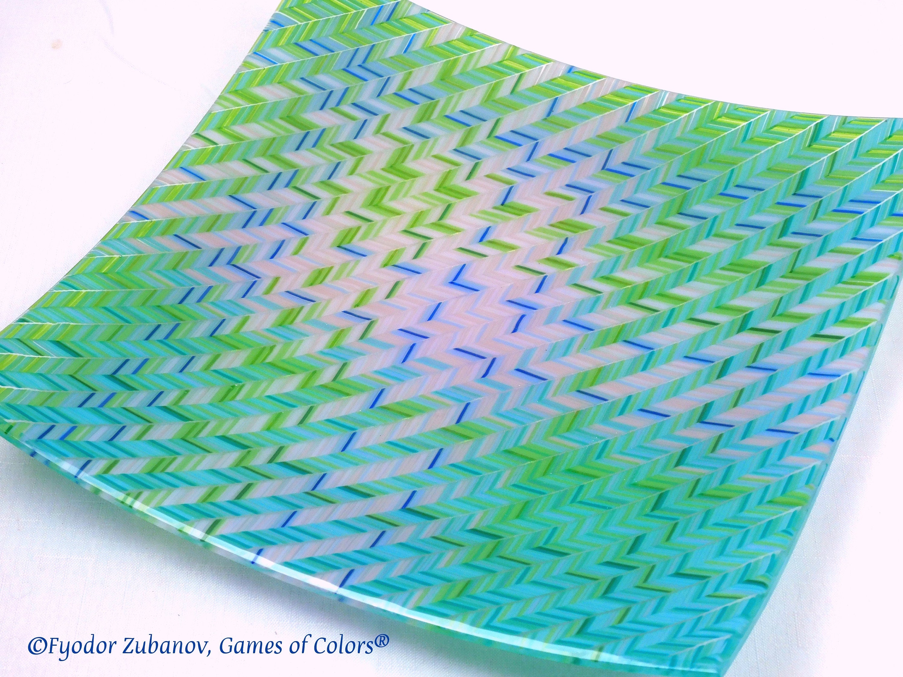 Fused Glass Plate: "Blue Stitches" Chevron Art Glass Tray (12x12 inches)