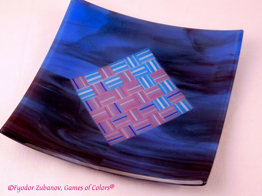 A decorative square plate "Woven ribbons in the diamond"; fused glass; geometrical design; art glass; centerpiece;