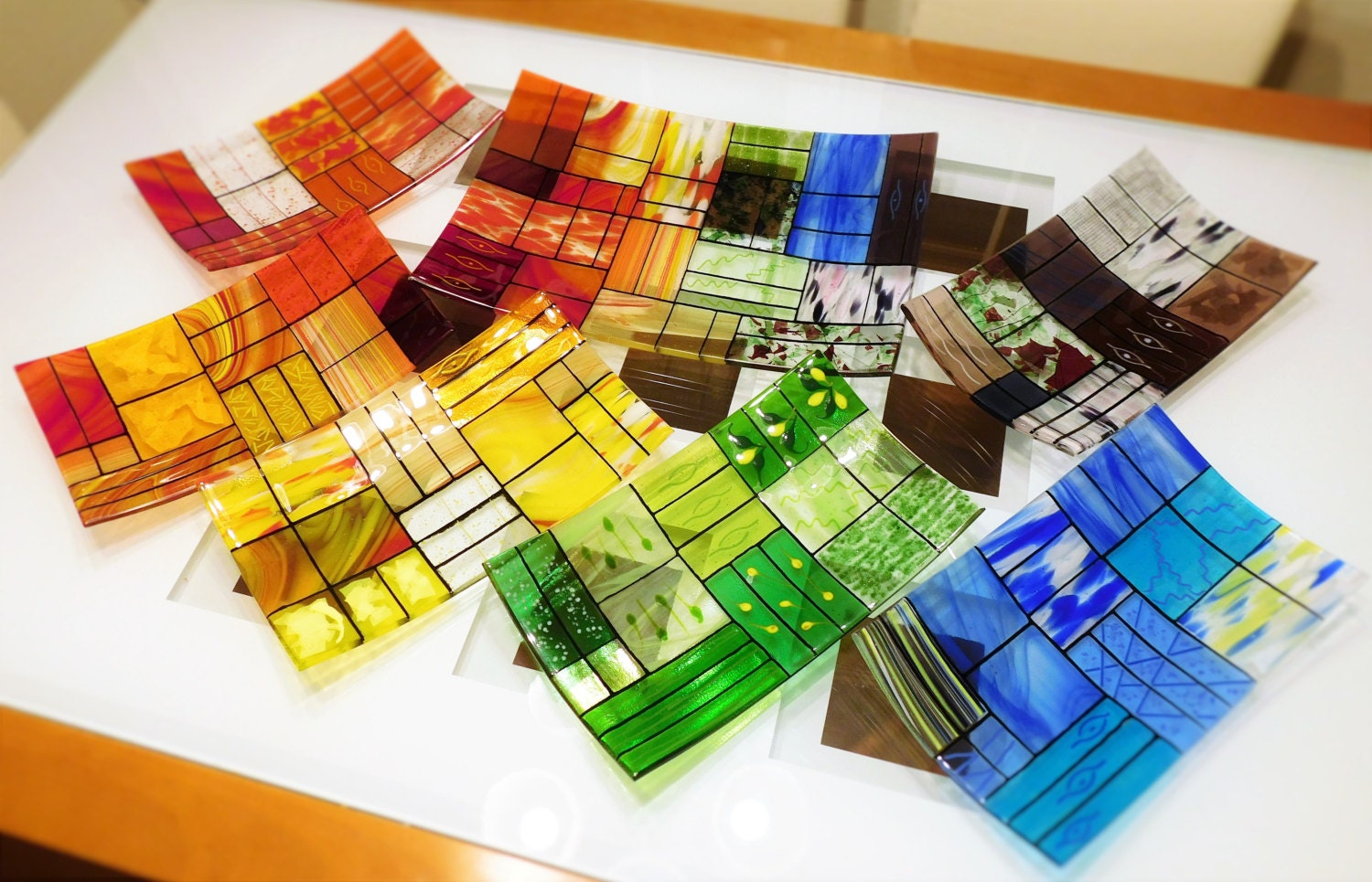 Handmade Glass Plate Set: Colorful Rectangular Platter & Plates