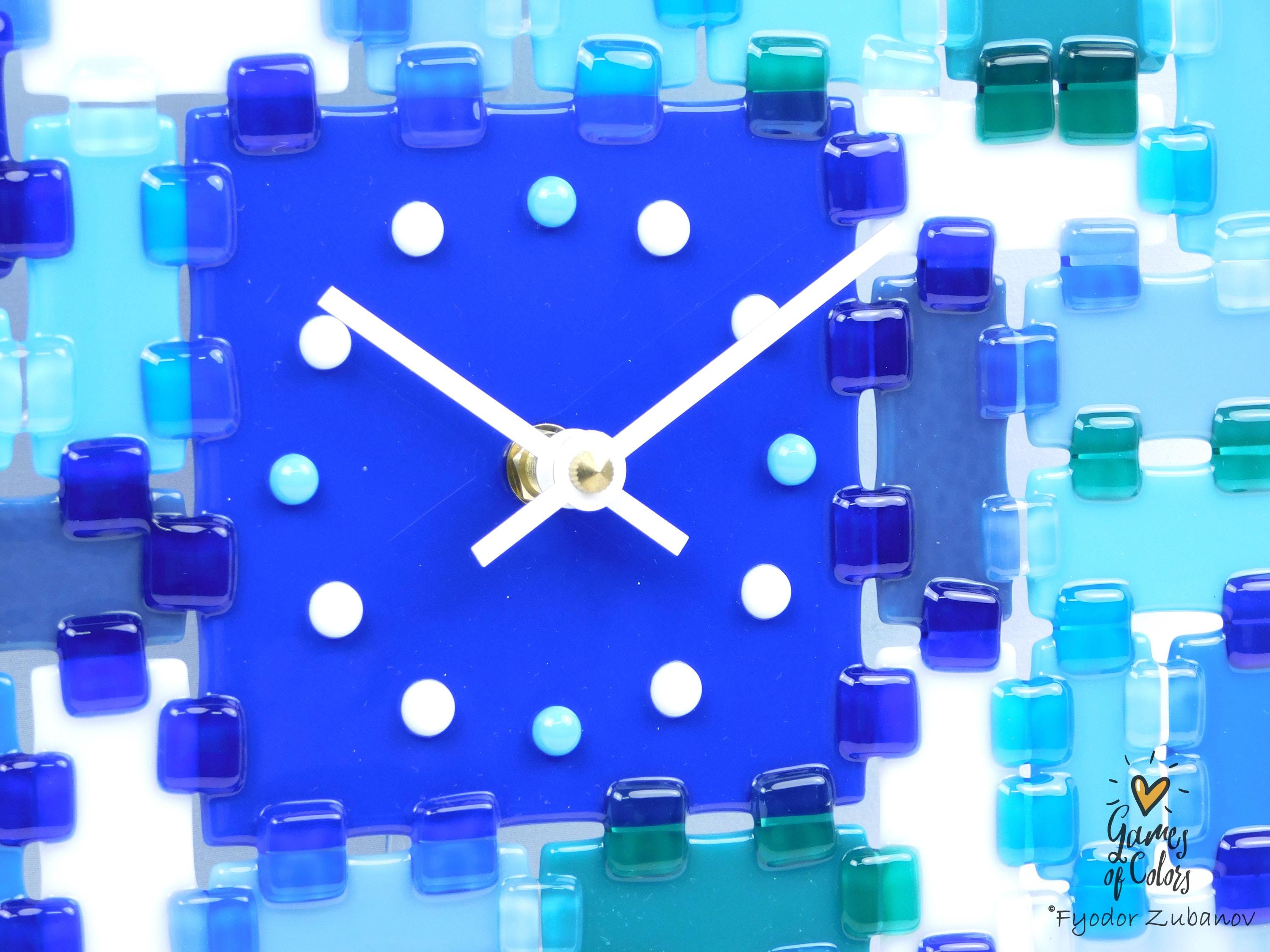 Fused Glass Square Wall Clock - Modern Silent Clock, Blue