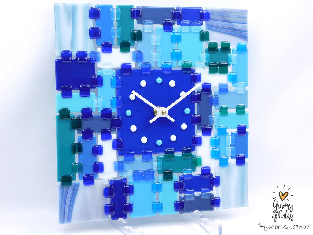 Fused Glass Square Wall Clock - Modern Silent Clock, Blue
