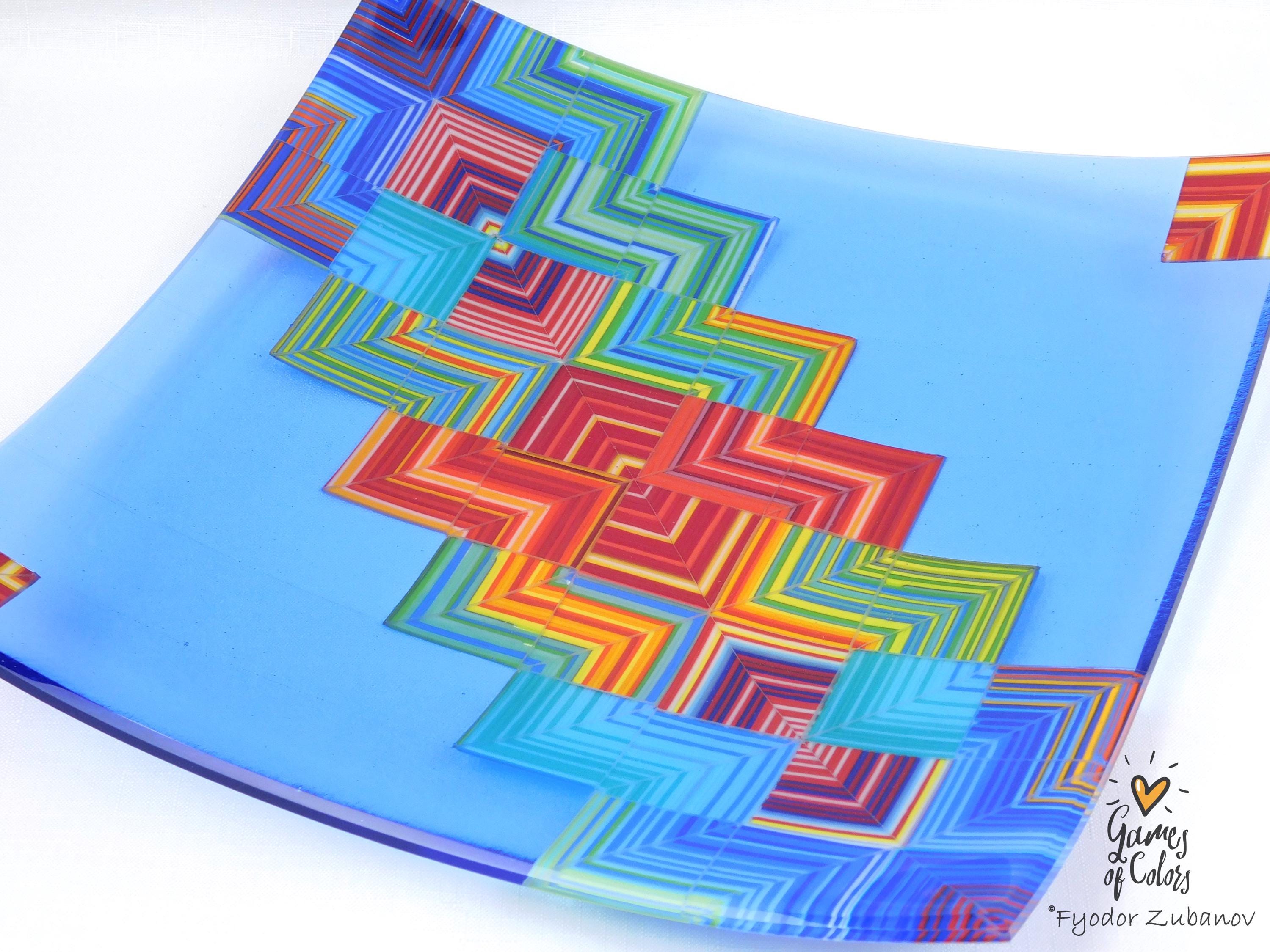 A fused glass square plate "Joyful Way - Light blue"; art glass; decorative plate; geometric design, holidays
