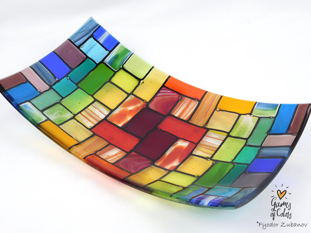 Fused Glass Plate "Rainbow Rocky Road"; Bowl for fruits; Rectangular Centerpiece Bowl, Handmade