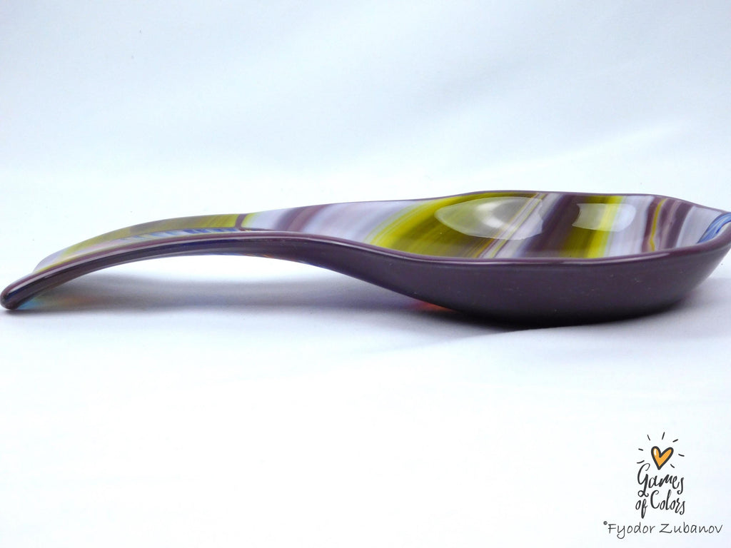 Violet Cascade Spoon Rest – Fused Glass Utensil Holder, Purple Marbled Kitchen Decor, Handmade Colorful Spoon Rest, Functional Art Gift