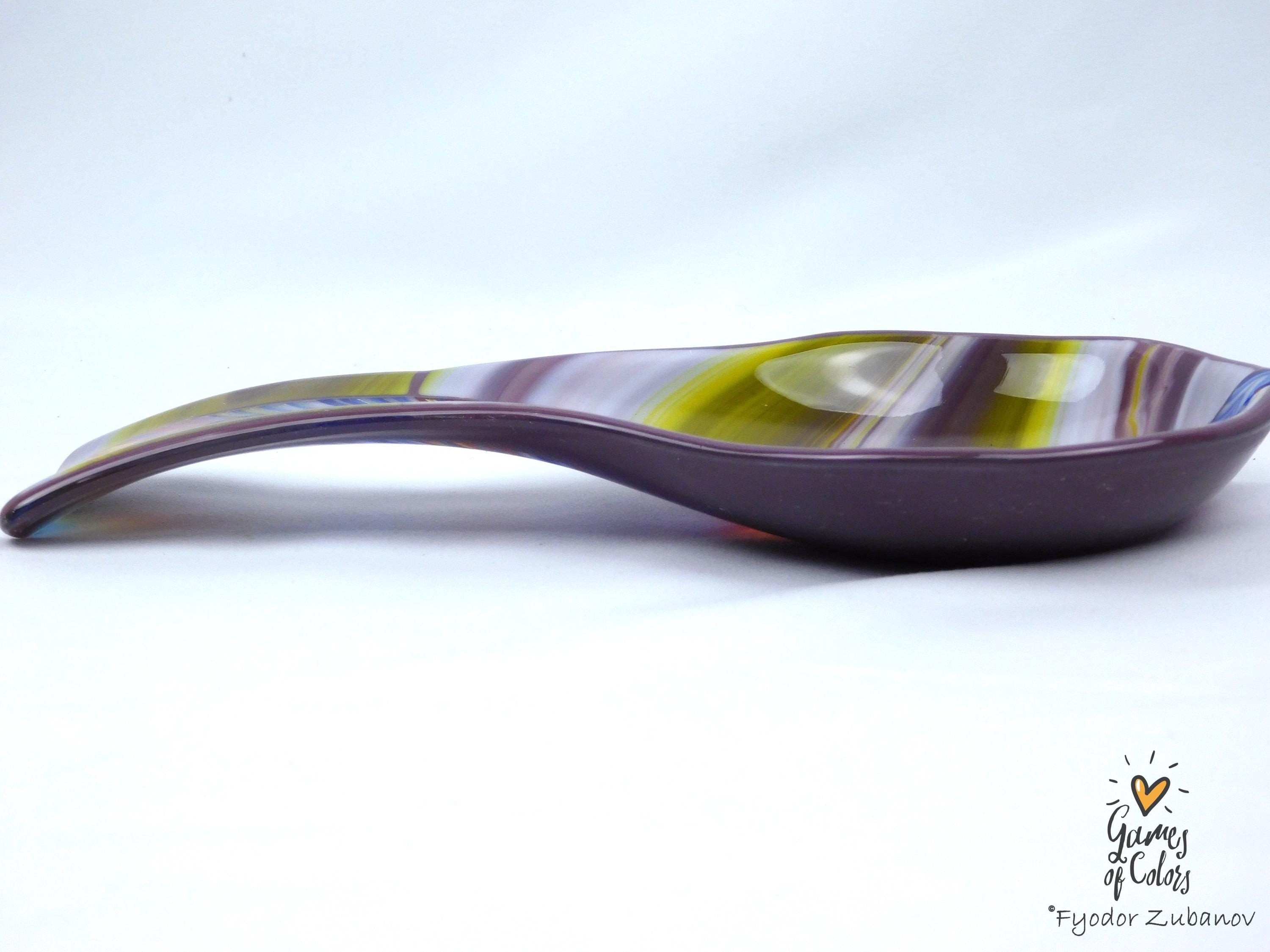 Violet Cascade Spoon Rest – Fused Glass Utensil Holder, Purple Marbled Kitchen Decor, Handmade Colorful Spoon Rest, Functional Art Gift