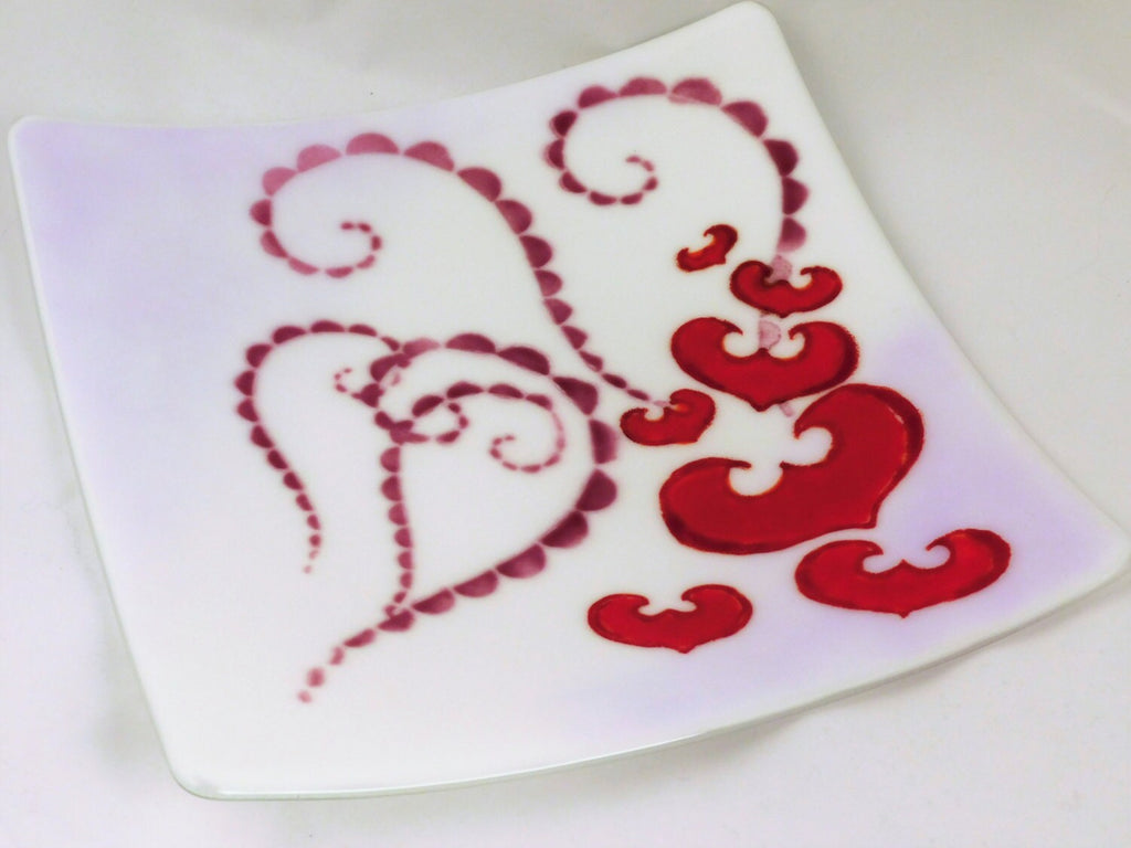 Large square fused glass plate Flying Hearts; valentines day gift