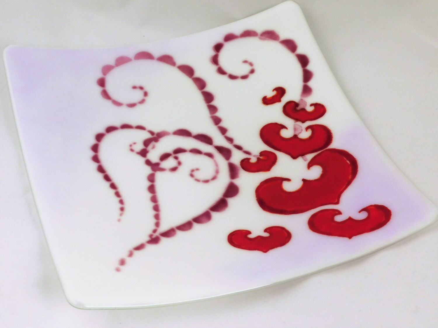 Large square fused glass plate Flying Hearts; valentines day gift
