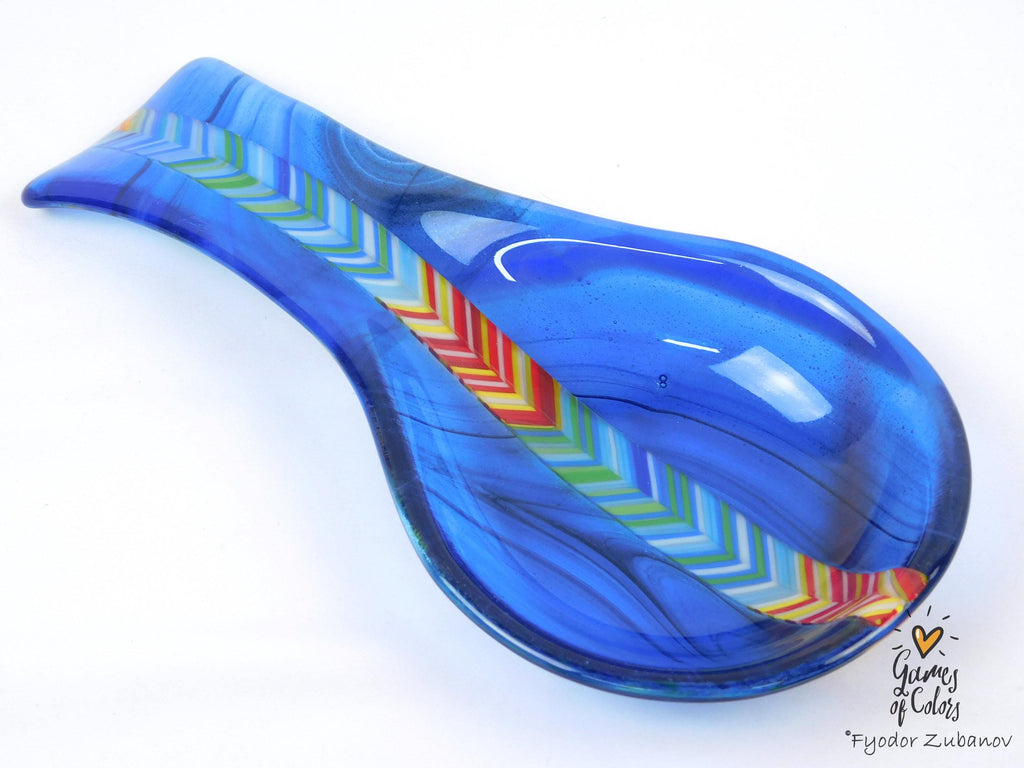 Azure Prizm Ribbon – Fused Glass Spoon Rest, Transparent Blue Kitchen Art