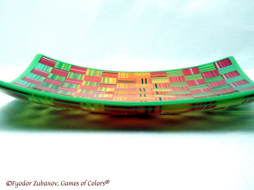 Fused Glass Plate: Striped Checkers Design, Art Glass Centerpiece