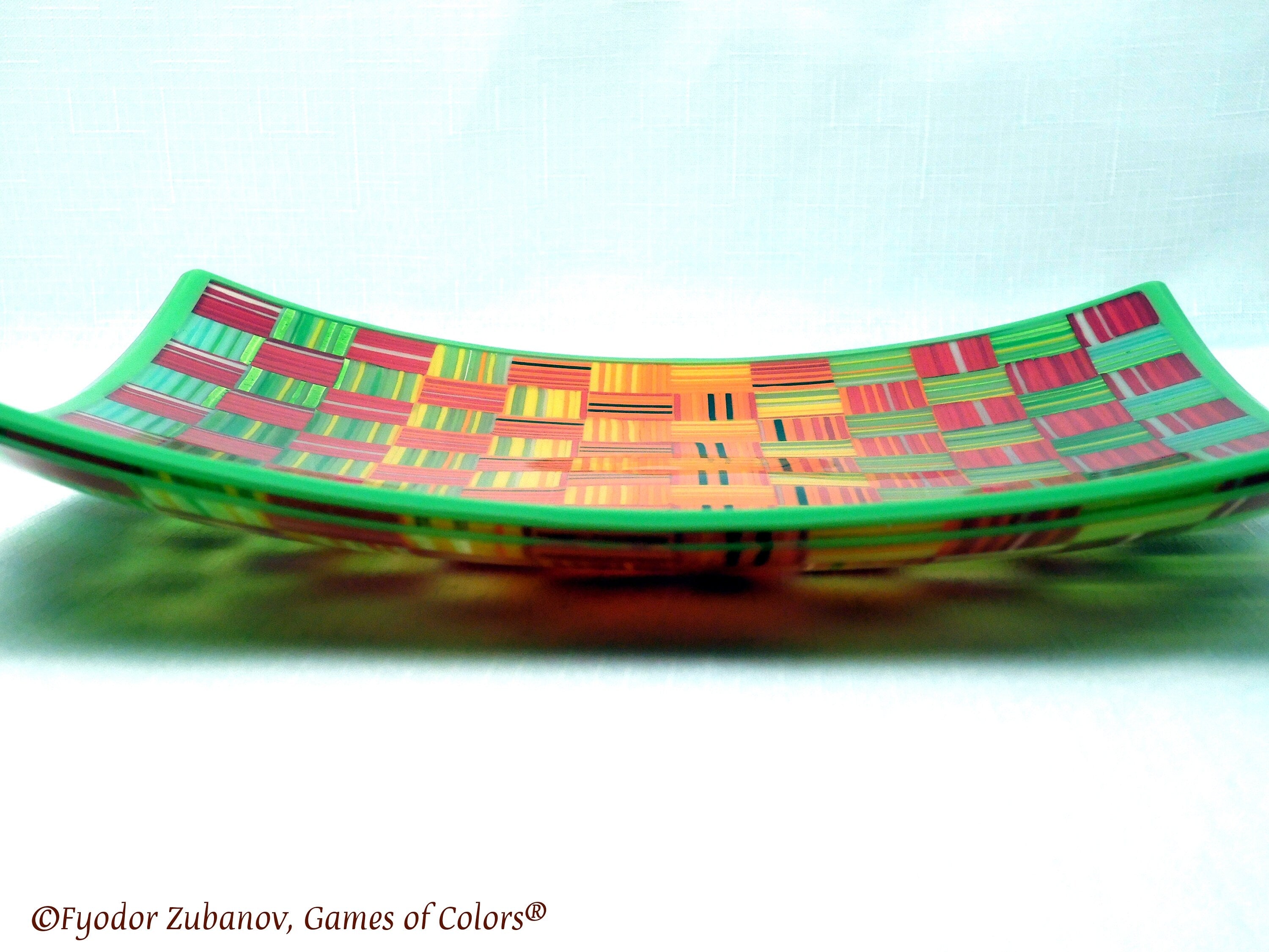Fused Glass Plate: Striped Checkers Design, Art Glass Centerpiece