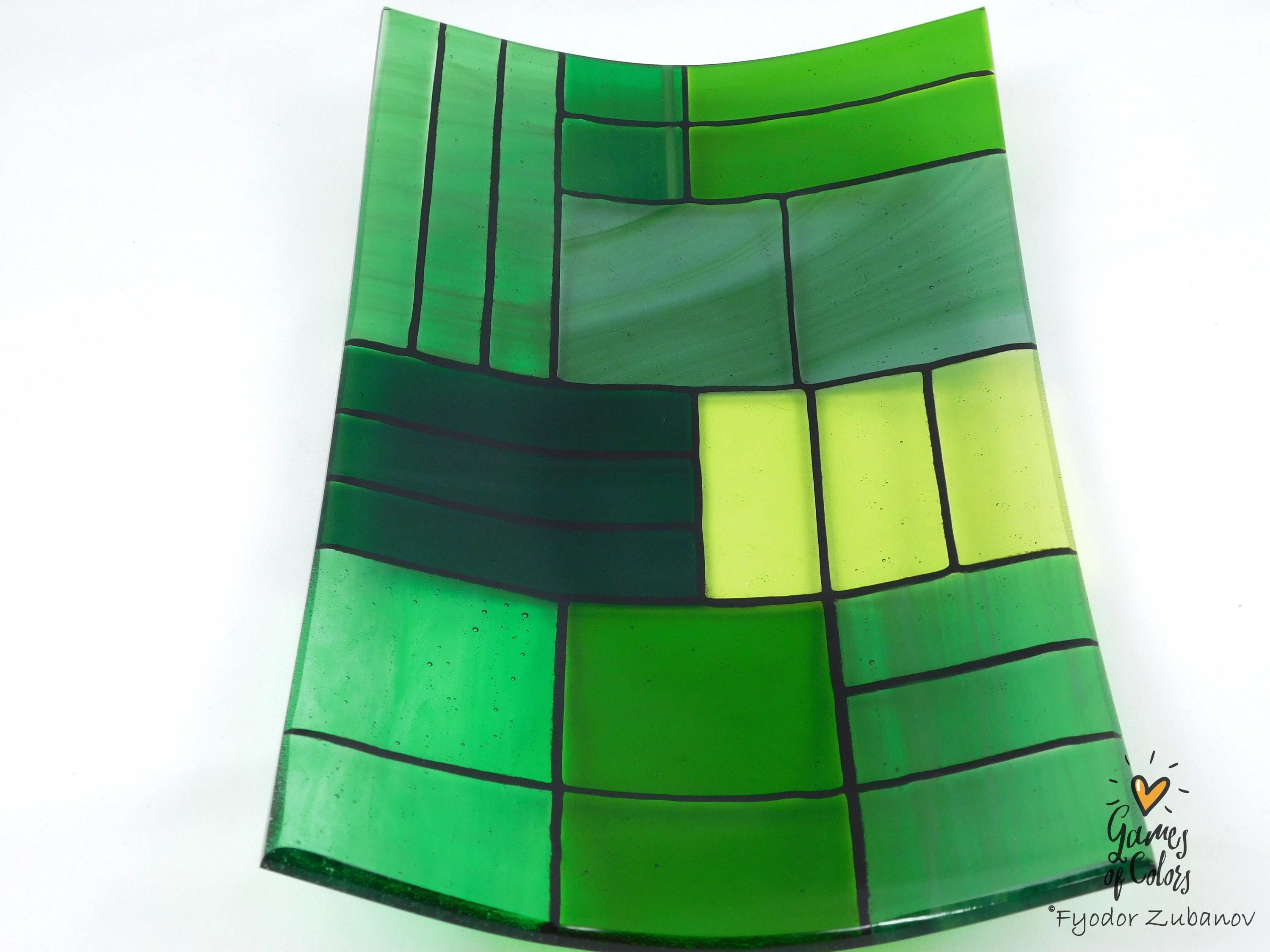 Fused Glass Plate: Rectangular Green Art Glass Centerpiece (12.25 x 7.25 inches)