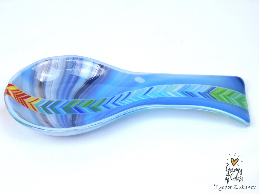 A fused glass decorative spoon rest "Spectrum Leap"
