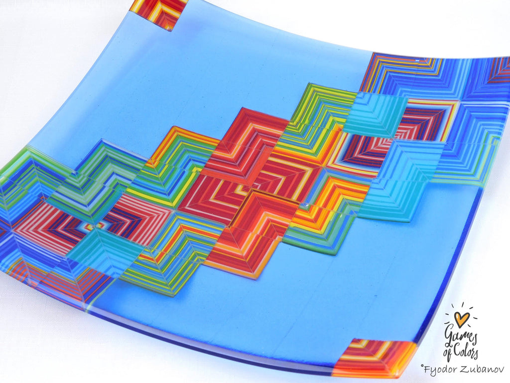 A fused glass square plate "Joyful Way - Light blue"; art glass; decorative plate; geometric design, holidays