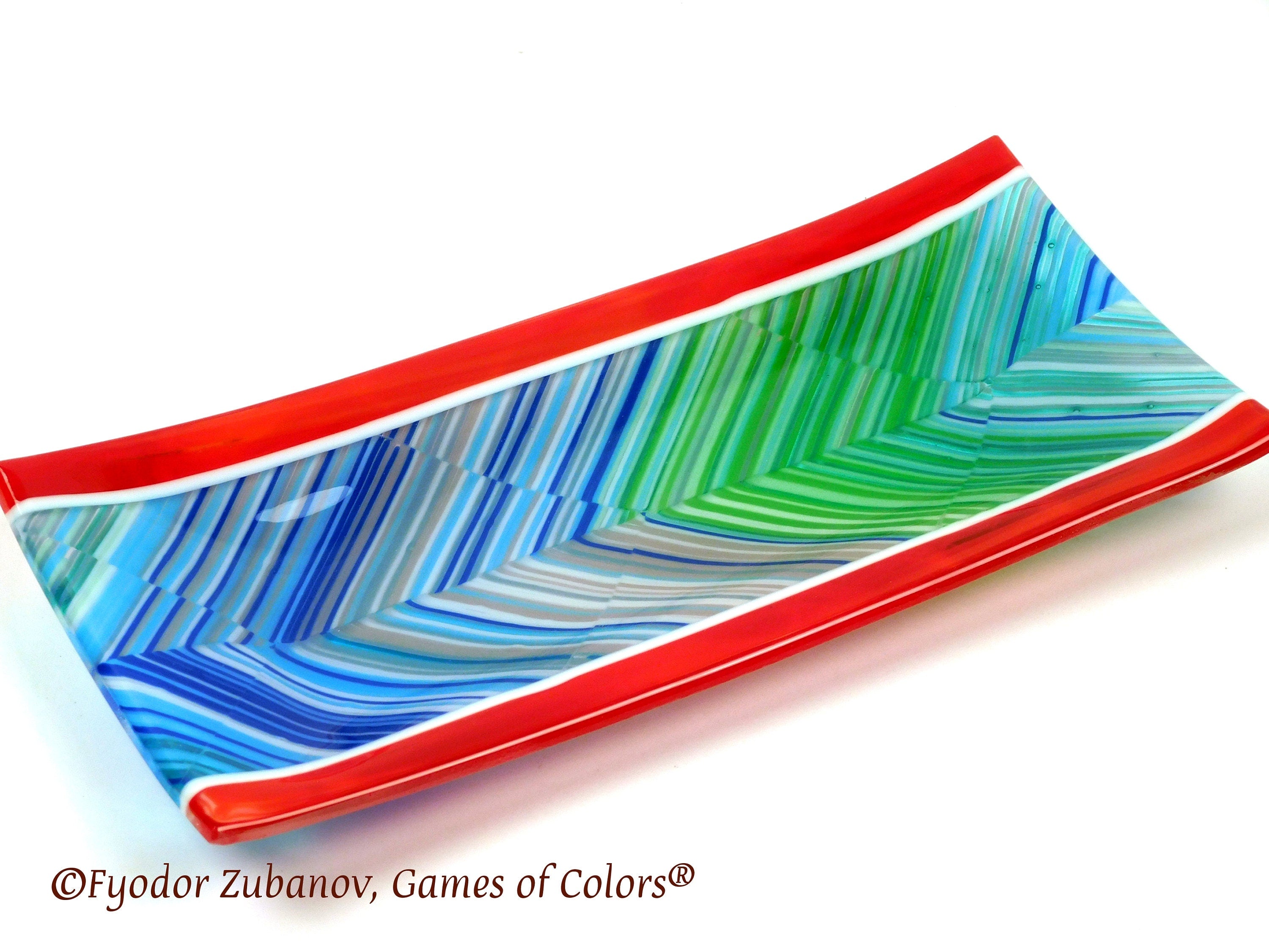 Fused Glass Sushi Plate: Peacock Feather Chevron Design