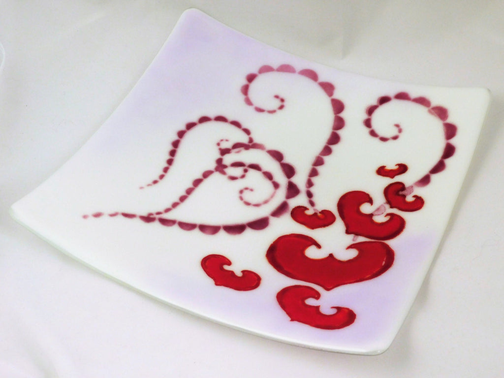Large square fused glass plate Flying Hearts; valentines day gift