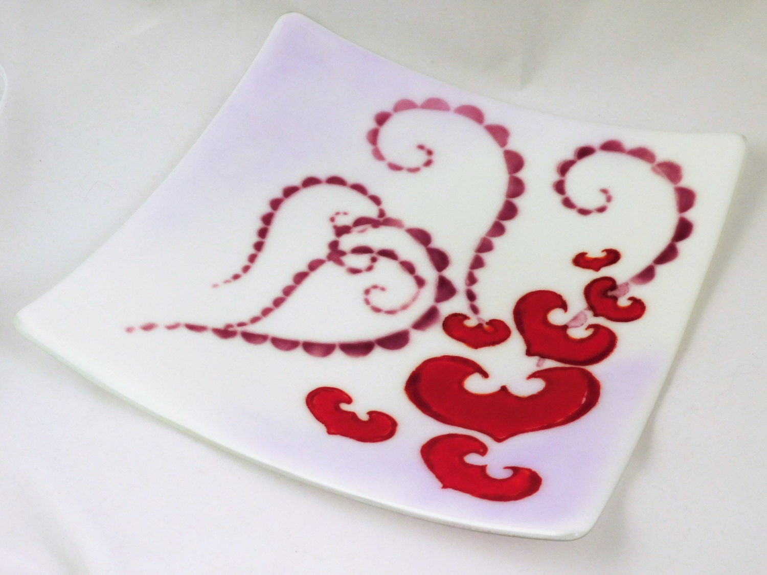 Large square fused glass plate Flying Hearts; valentines day gift