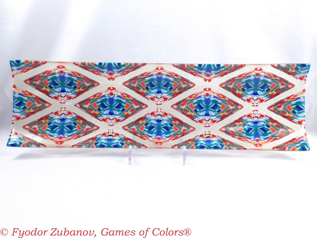 A large glass channel tray "Diamonds in Champagne"; Decorative Plate; Centerpiece; fused glass.