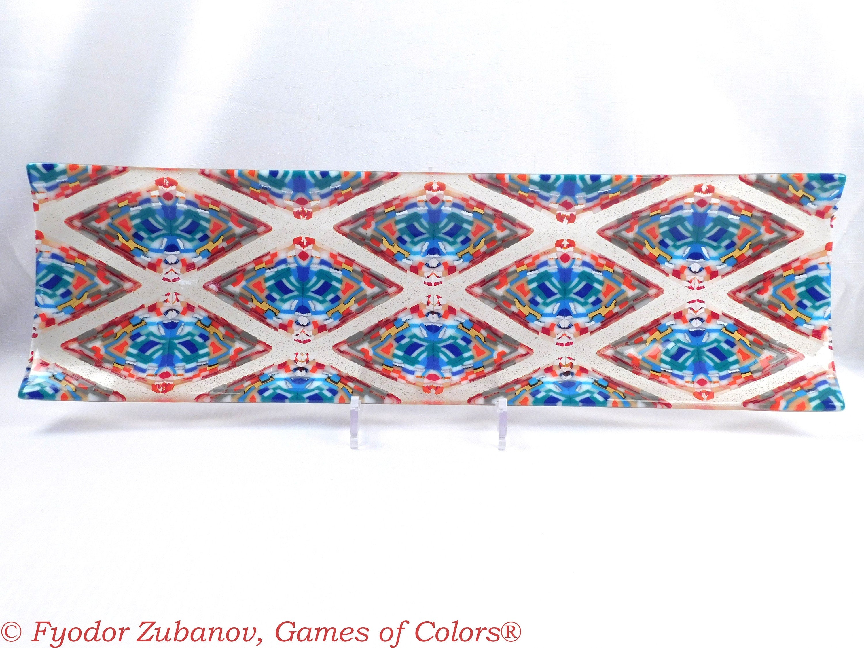 A large glass channel tray "Diamonds in Champagne"; Decorative Plate; Centerpiece; fused glass.
