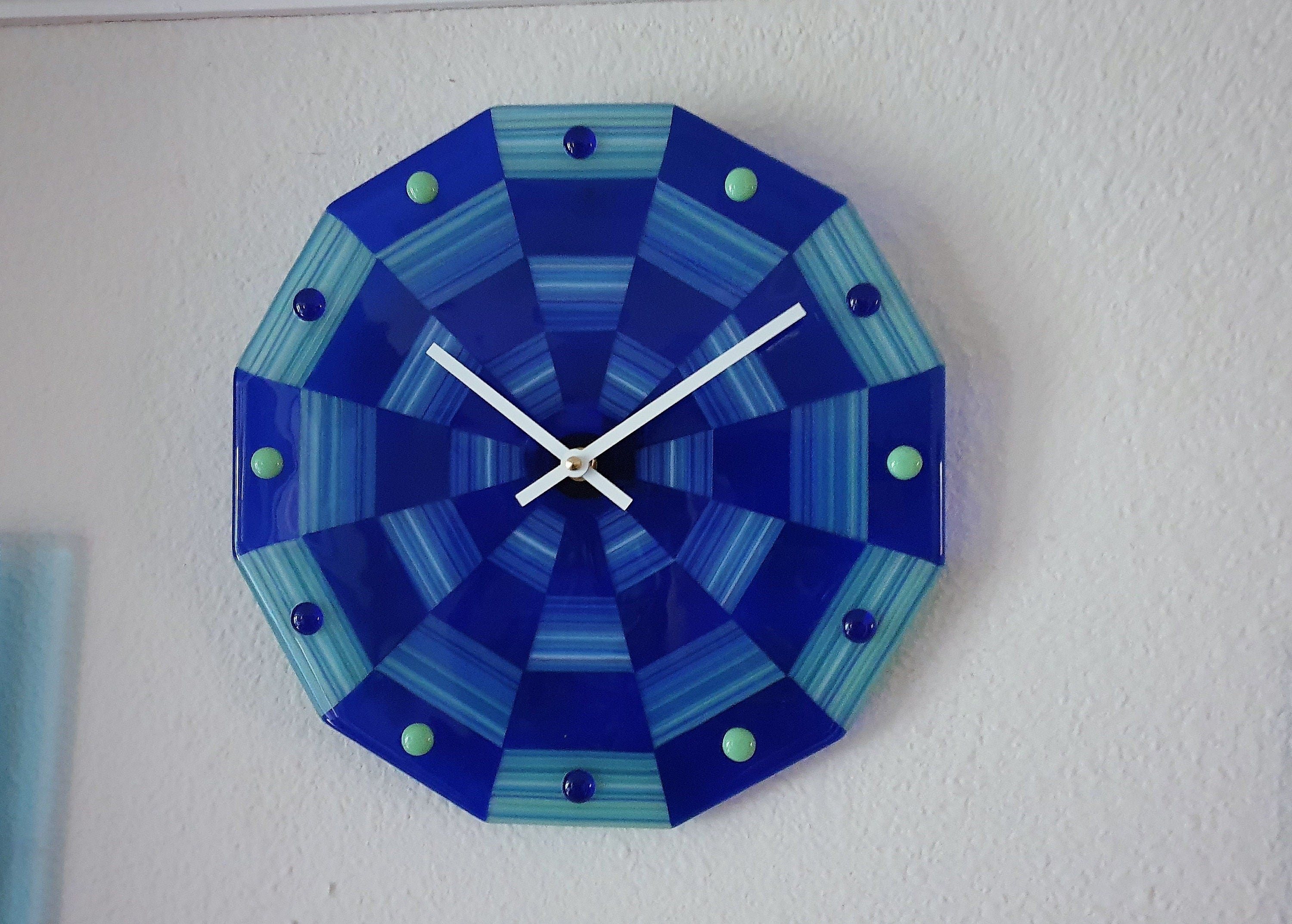Fused Glass Wall Clock: "Blue Ribbons" Art Glass, Silent Quartz