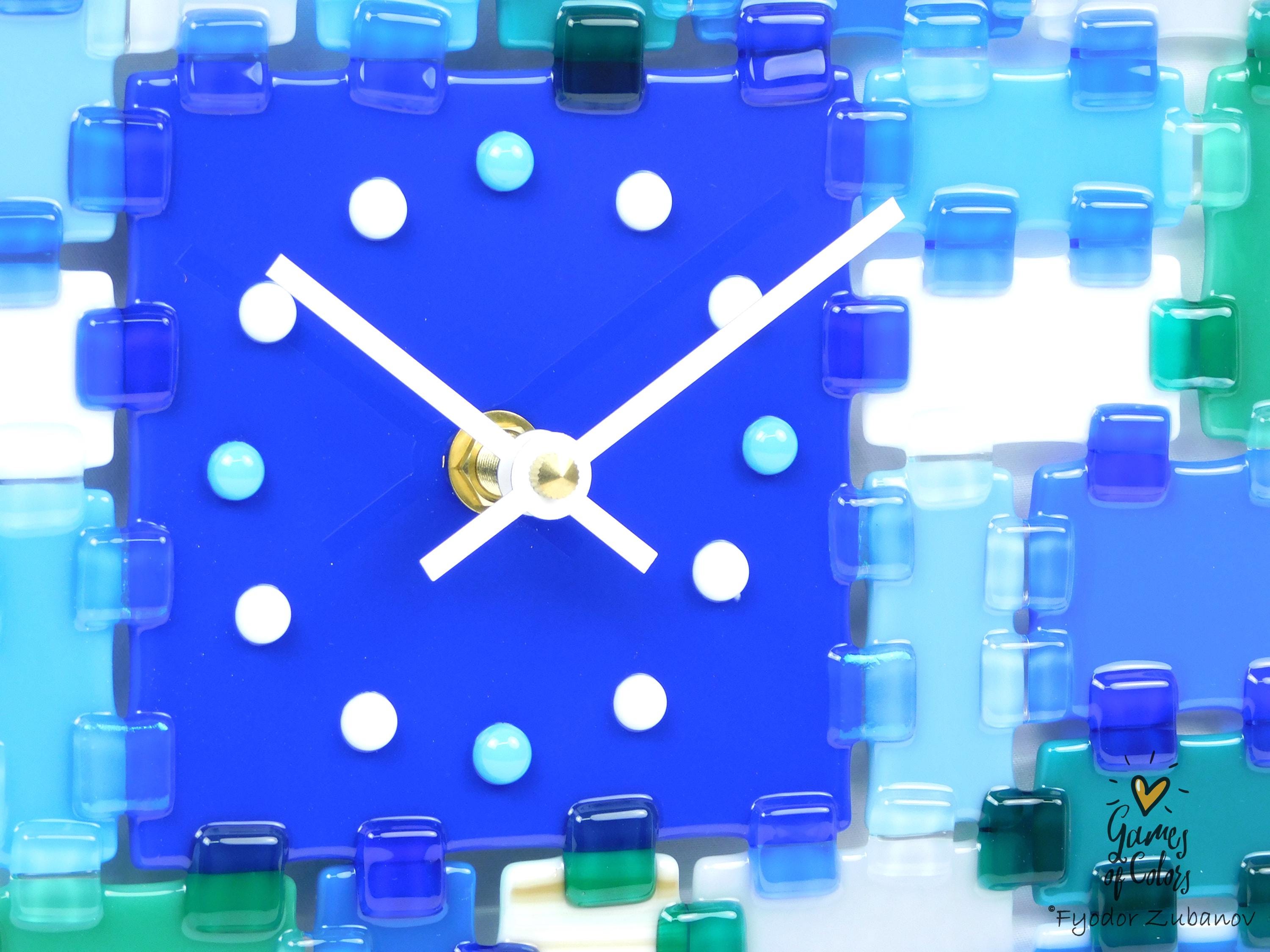 Fused Glass Square Wall Clock - Modern Silent Clock, Blue