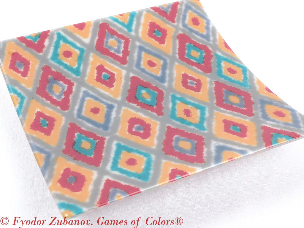 Fused Glass Fruit Bowl: "Oriental Fabric I" Geometric Art Glass