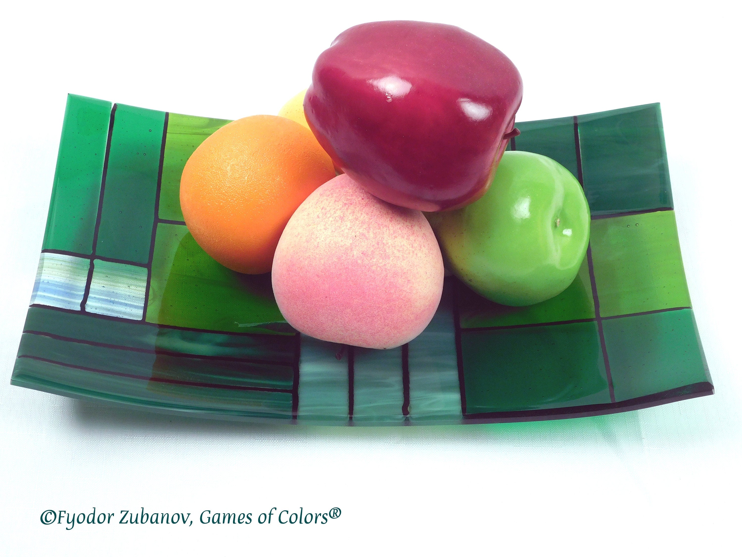 Fused Glass Plate: Rectangular Green Art Glass Centerpiece (12.25 x 7.25 inches)