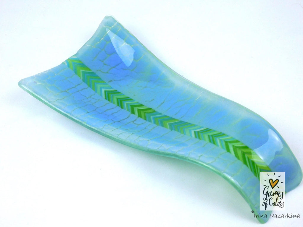 Fused glass spoon rest Pastel Refuge; Soft Blue‑Green Kitchen Art