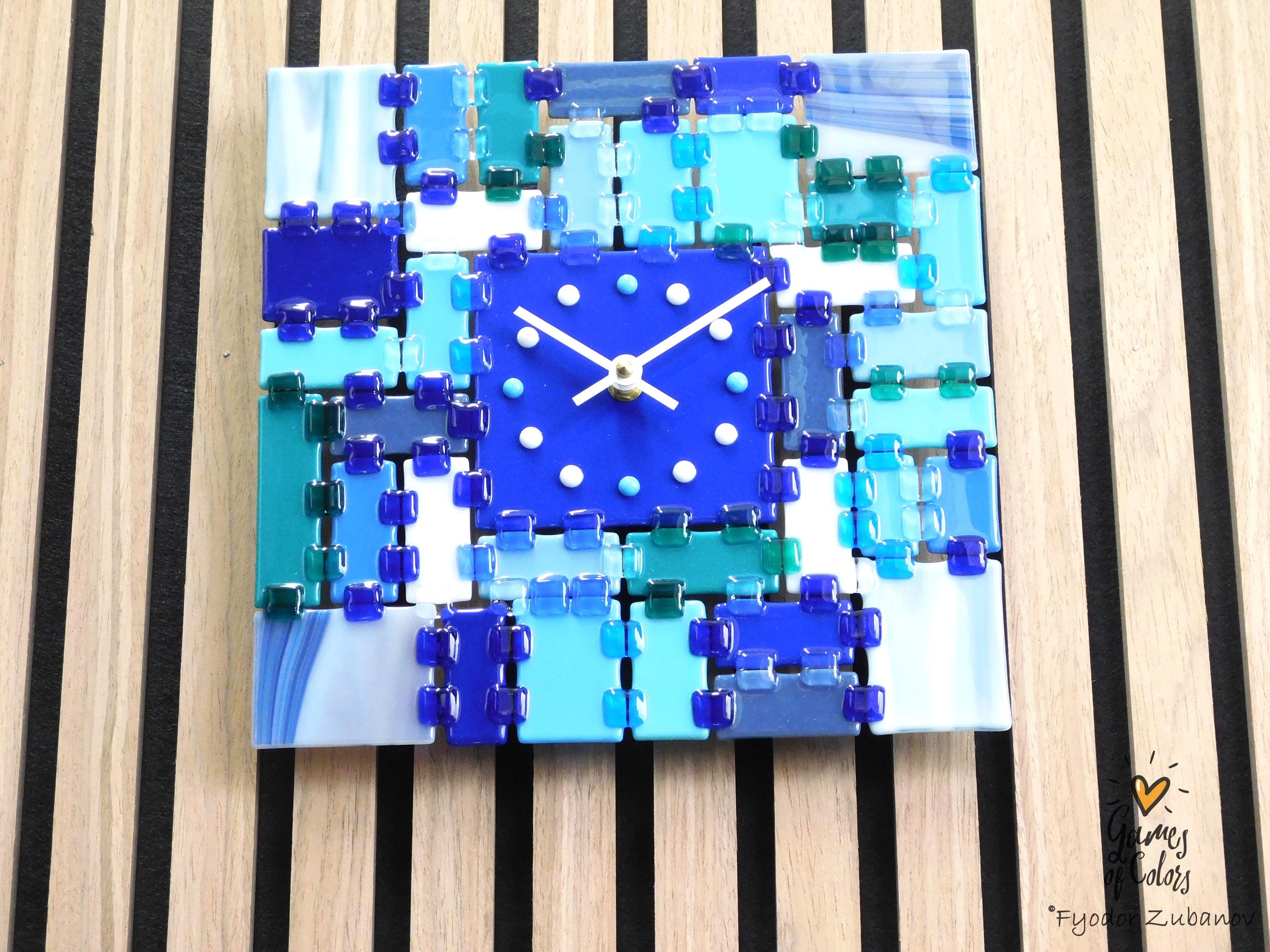 Fused Glass Square Wall Clock - Modern Silent Clock, Blue